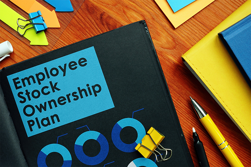 Employee Stock Ownership Plan ESOP and charts on the black pages.